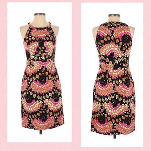 BETH BOWLEY/ANTHROPOLOGIE BLACK W/BROWN,PINK, WHITE~ SHEATH DRESS~POCKETS~SIZE 2